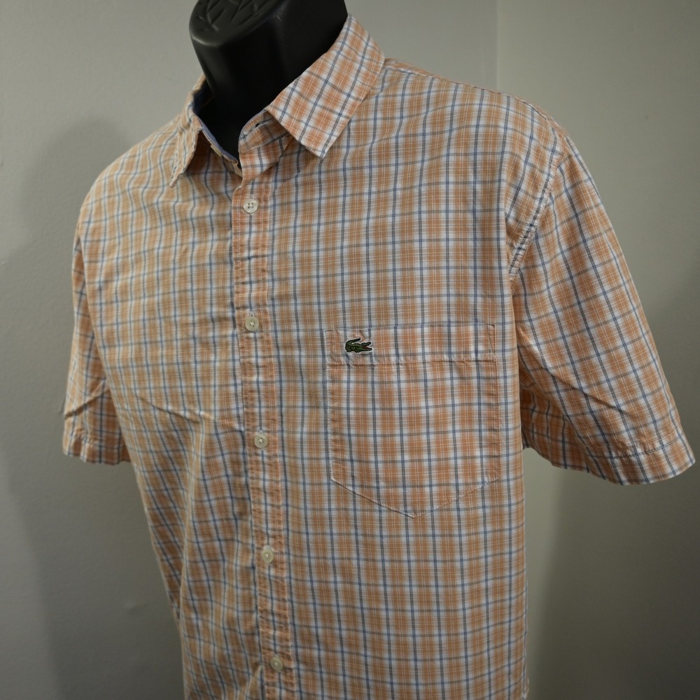 Lacoste Button Up Men 45 Regular‎ Fit Orange Plaid Short Sleeve Pocket Logo